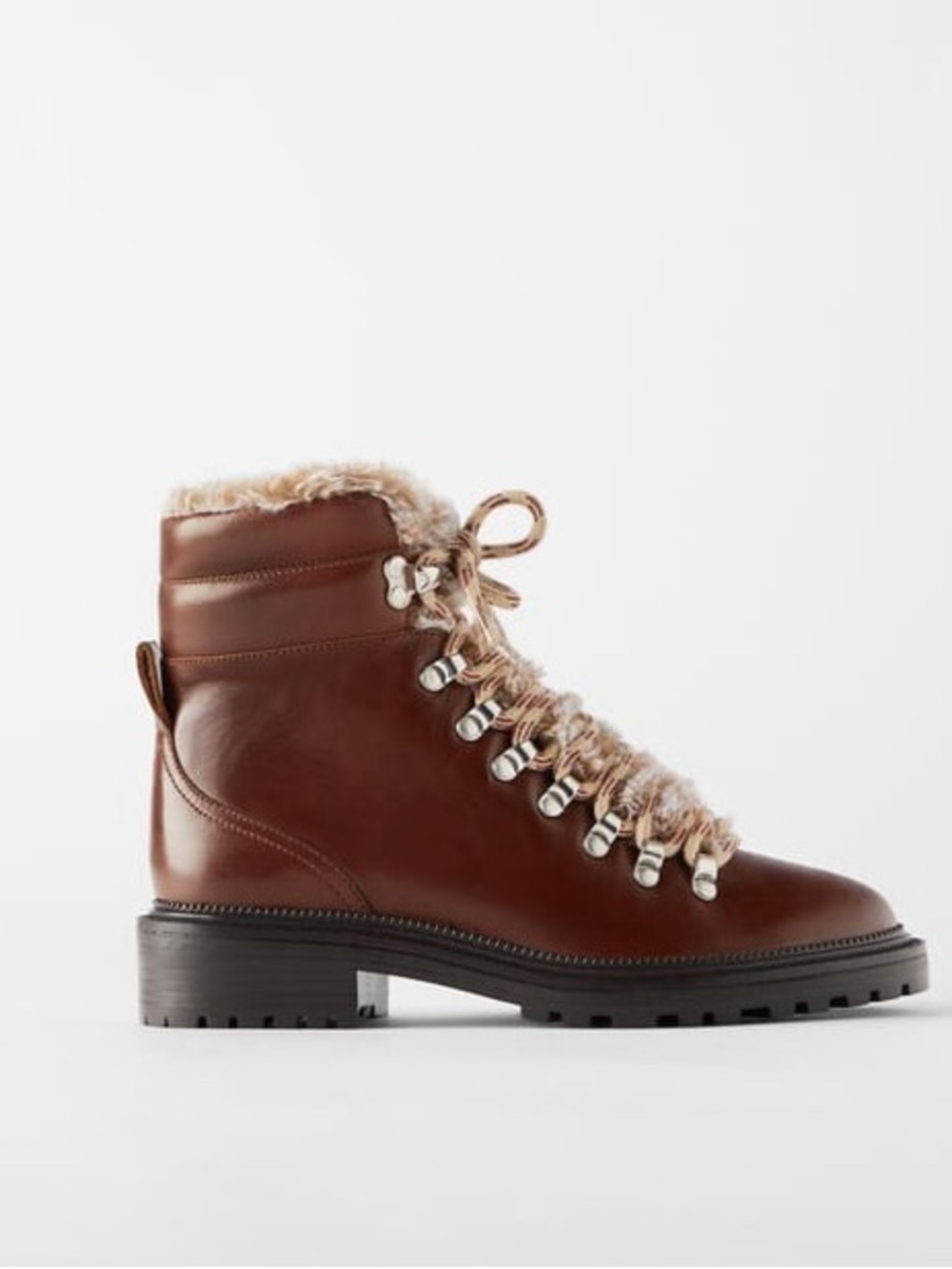 ZARA BROWN LEATHER HIKING WINTER BOOTS LACE FUR NEW WITH TAG 40
